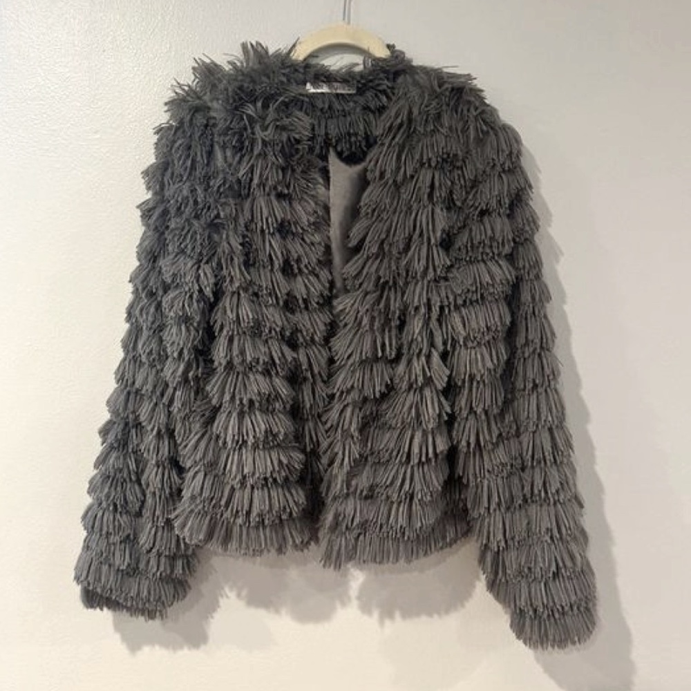 Gray shaggy faux fur jacket size M
